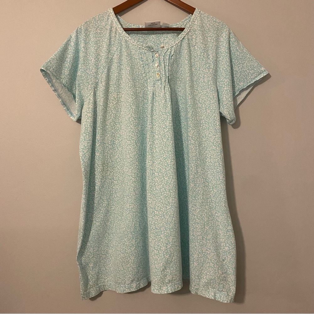 Vermont Country Store Women XL Nightgown Shirt Pajama Blue Floral 100% Cotton